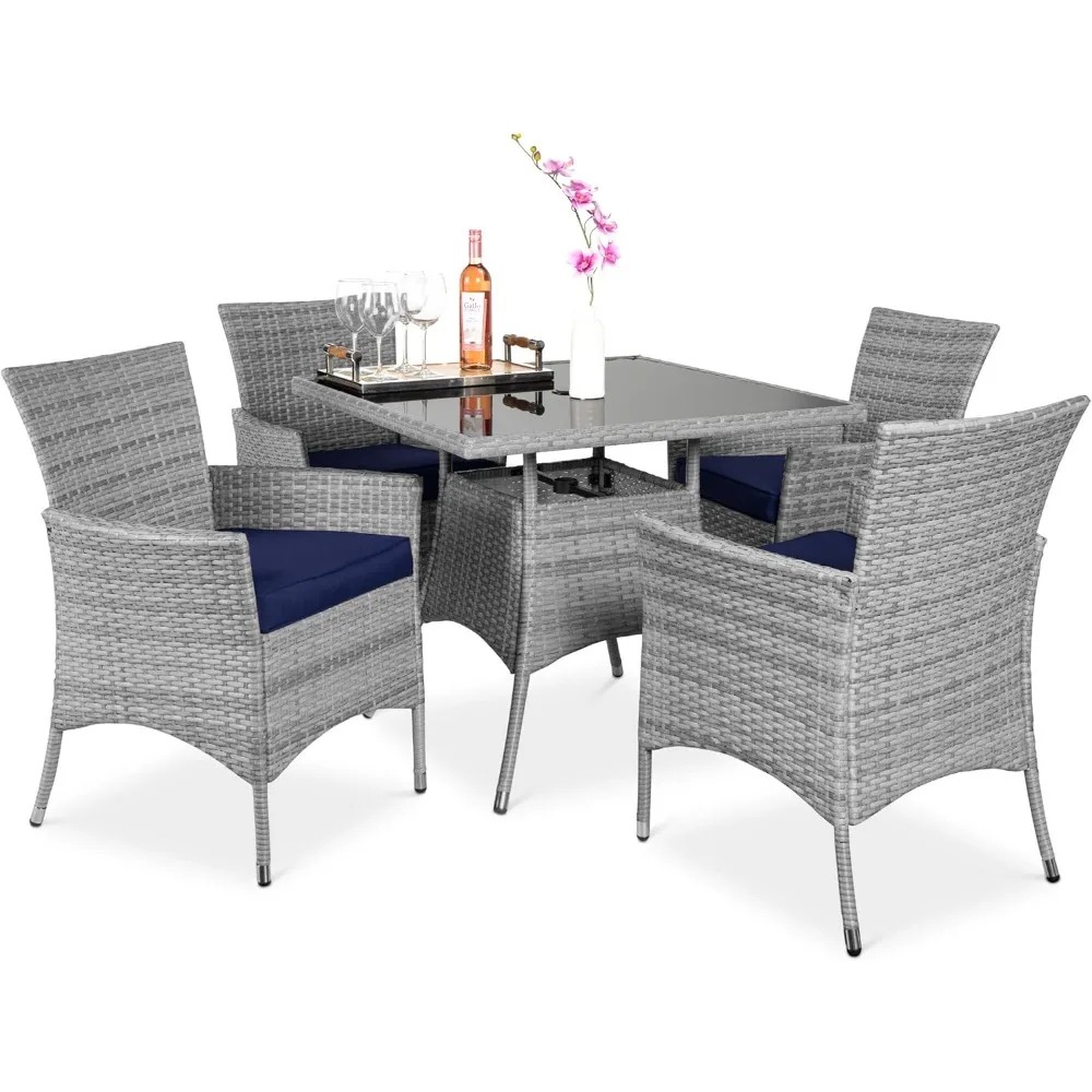 5 Piece Indoor Outdoor Wicker Table Furniture, Backyard with Square Glass Top, Umbrella Cutout, 4 Chairs