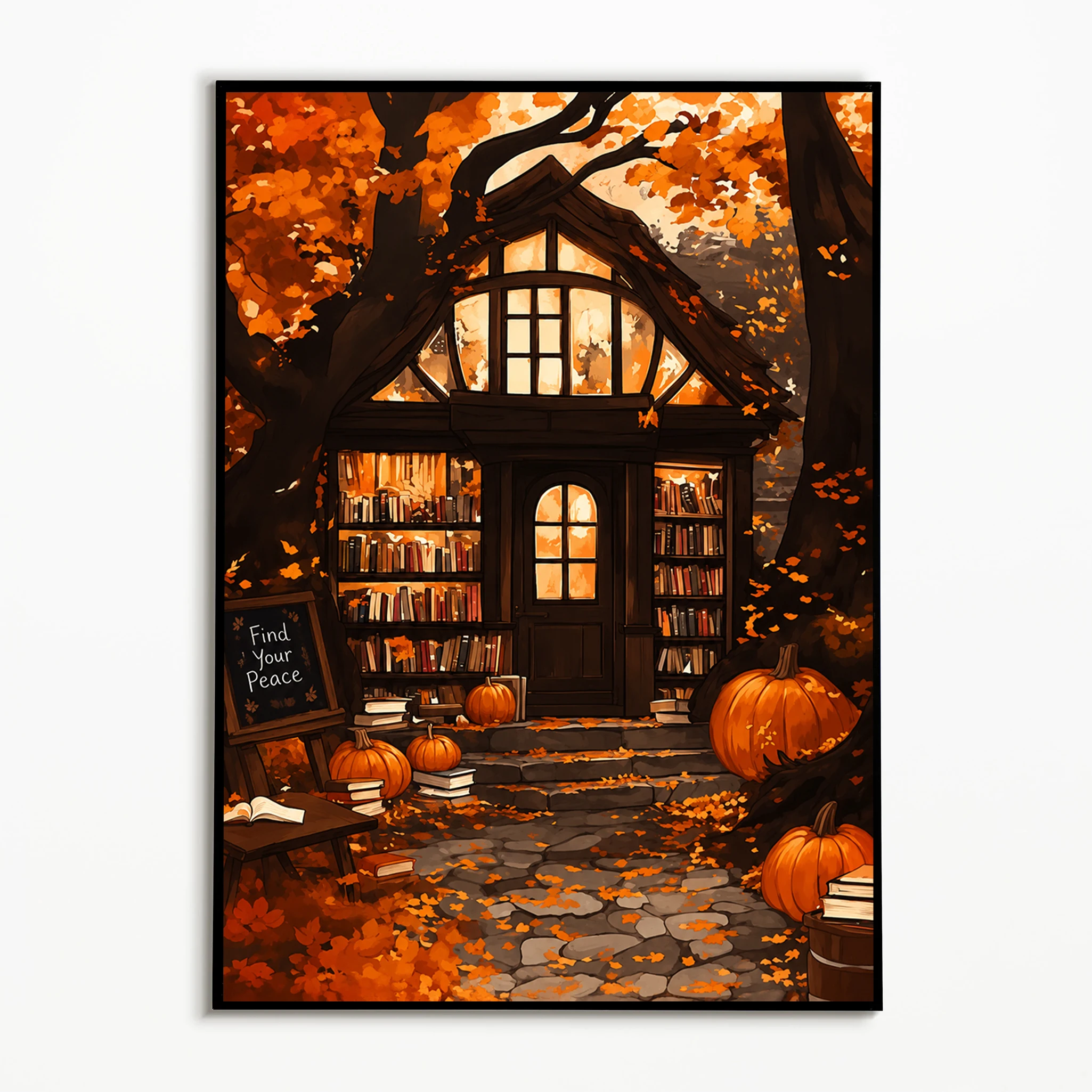 1PC Autumn Bookstore Street Scene Poster Fallen Leaf Display Window Book Wall Art Thanksgiving Day Canvas Printing Fall Gift