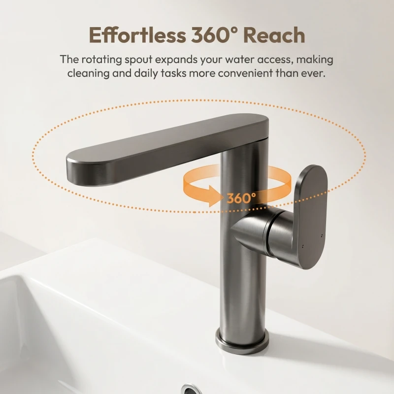 Rotatable basin hot and cold faucet 7 shape, space aluminum material, splash-proof, easy to install complete accessories