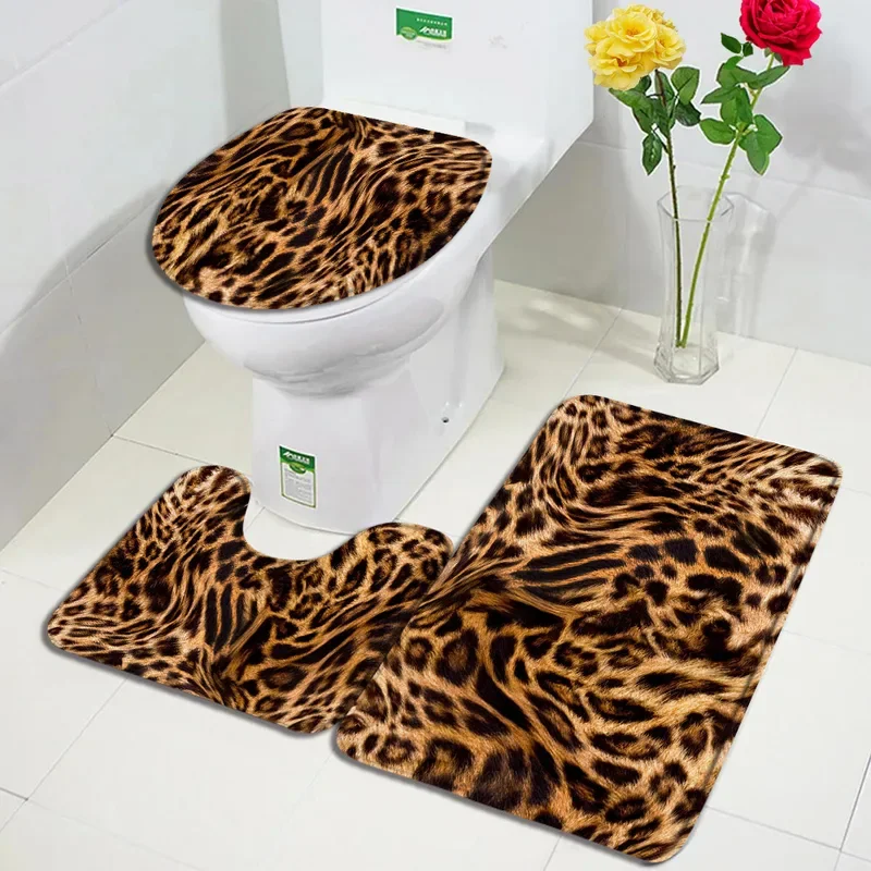 Brown leopard print bath mat set fashion wild animal fur pattern modern bathroom decor non-slip rug toilet lid cover home carpet