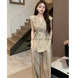 Elegant Socialite Long Pants Set Workout Sets Woman Clothes Outfits Summer Fashion High-end V-neck Sleeveless Suit Top and Pants