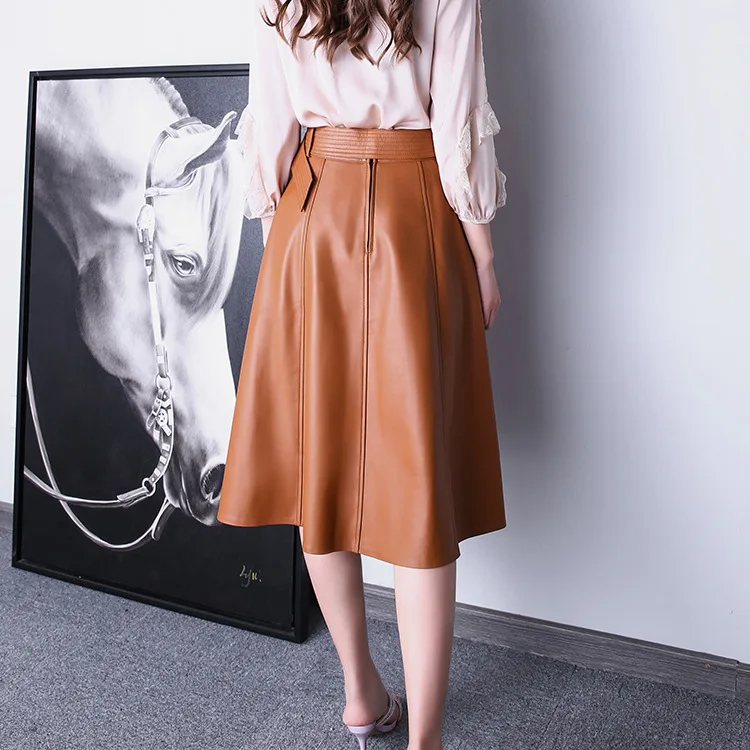 2023 Straight Autumn and Winter New Sheepskin Leather High Waist Large Waist Belt Umbrella Skirt Mid Length Half Length Skirt fo