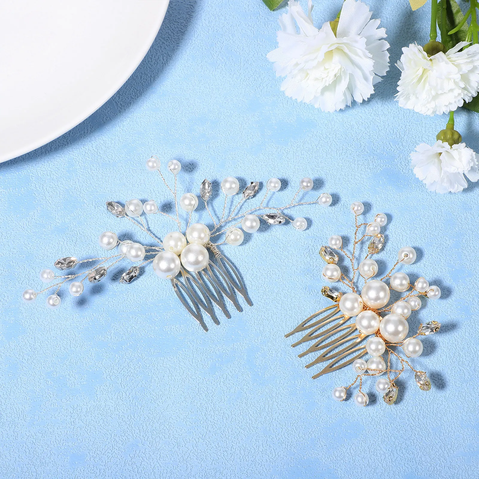 

2Pcs Pearl Hair Side Comb Bling Rhinestone Bridal Hair Comb Clip for Wedding Party Prom Bridesmaid Mother of Bride Elegant