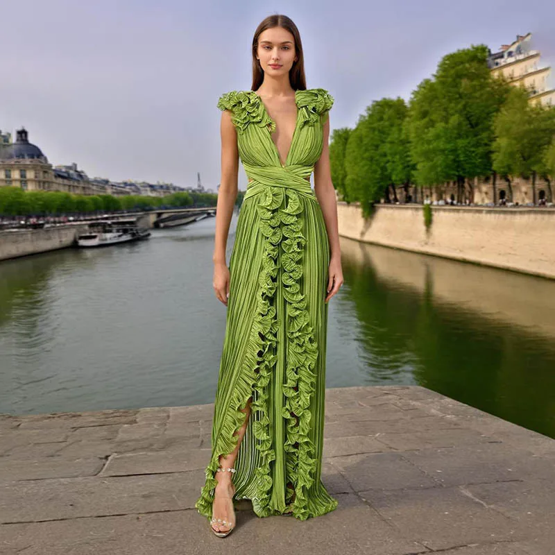 

French temperament long dress, new V-neck pleated ruffle leaf edge waist high-end and thin dress, fashionable, simple, elegant a