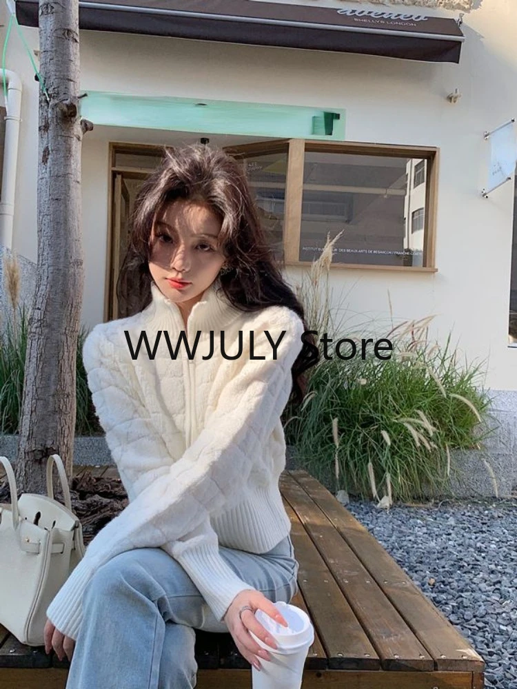 White Turtleneck Slim Elegant Zipper Sweaters Korean Chic Simple Y2k Aesthetic Women\'s Coats Fashion All Match Knitted Cardigan