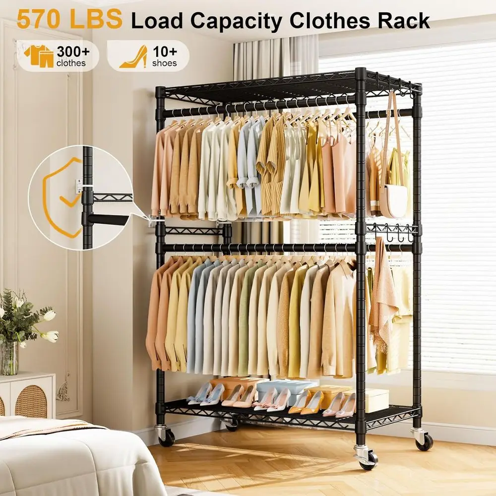 Heavy-Duty Portable Rolling Clothes Rack, 45W x 20.5D x 80.5H, Holds Up to 570 lbs, Black