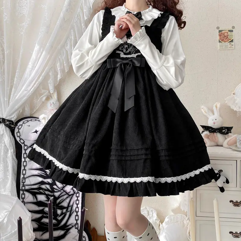 Coalfell {Stock}~ Origineel Ontwerp Schattige Winter Konijn Strik Lolita Vrouwen Jsk Band Zwarte Jurk Herfst/Winter Mini Jurk Vestido