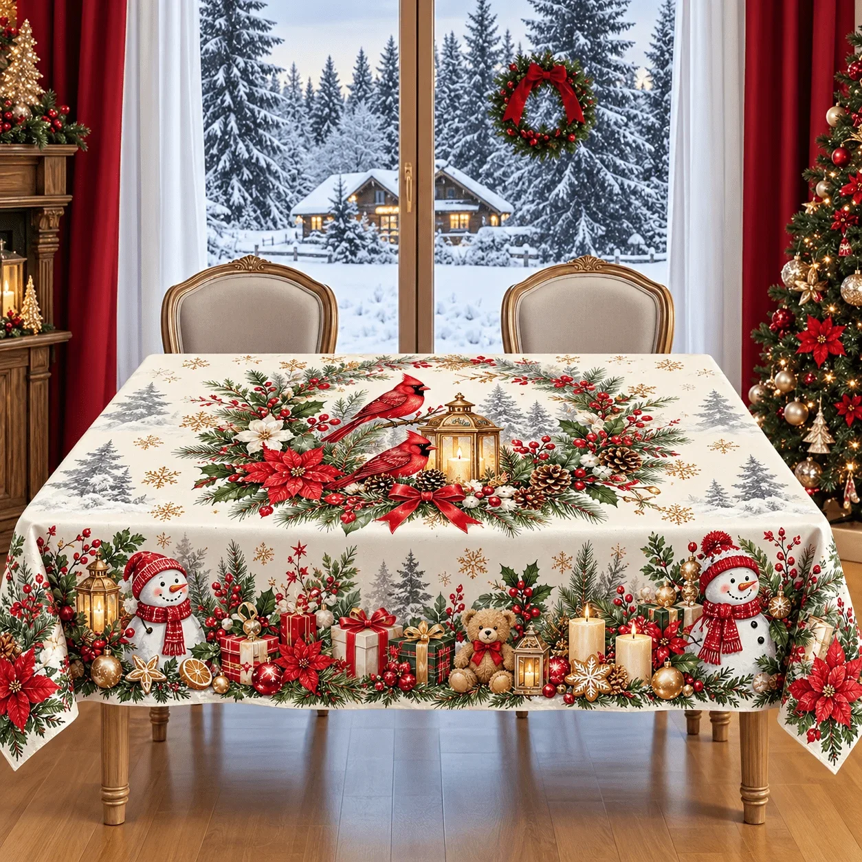 1 square tablecloth, Christmas Cardinal Snowman printed tablecloth, polyester material, suitable for Christmas parties
