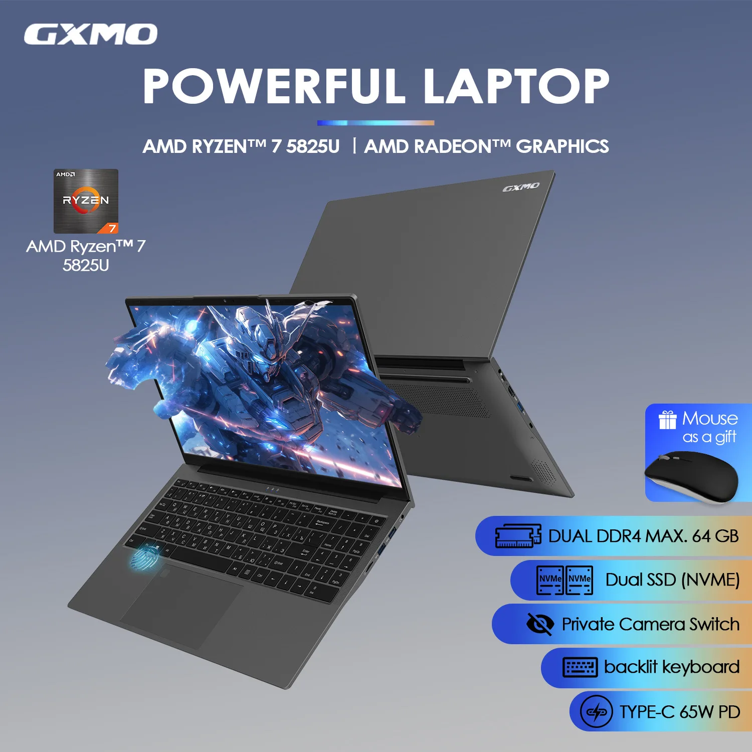 GXMO 15.6 inch FHD  IPS  Laptop AMD Ryzen7  5825U laptop  Gaming Laptop  Backlight Keyboard 1MP webcam  32GB 1TB NVME SSD