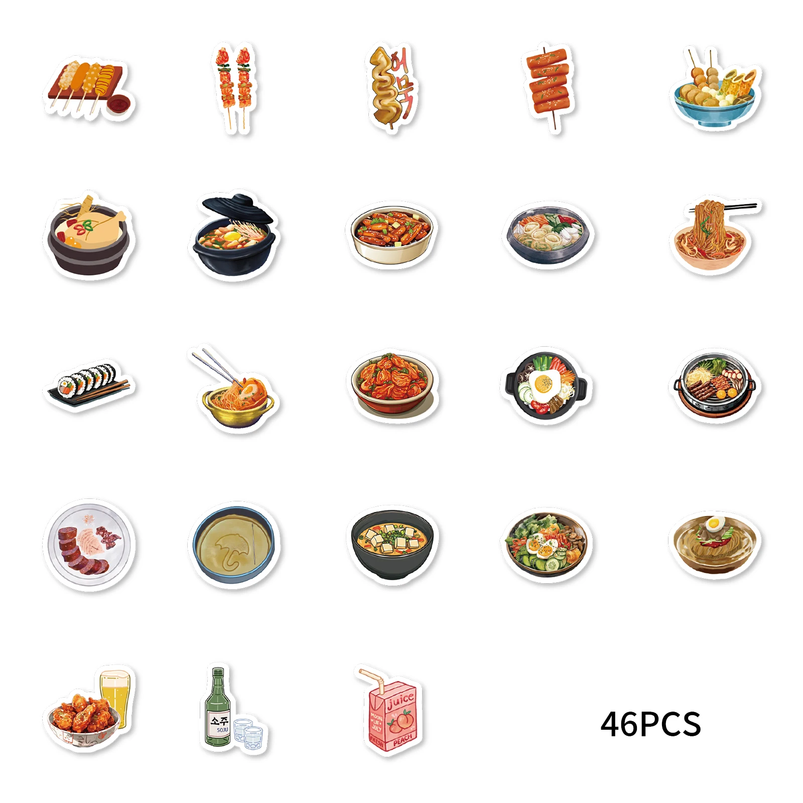 46 ชิ้นอาหารเกาหลีรูปแบบสติกเกอร์สําหรับโน๊ตบุ๊ค, ขวดน้ํา, กระเป๋าเดินทาง, เทศกาลอาหาร, ร้านอาหาร, สติกเกอร์เด็ก