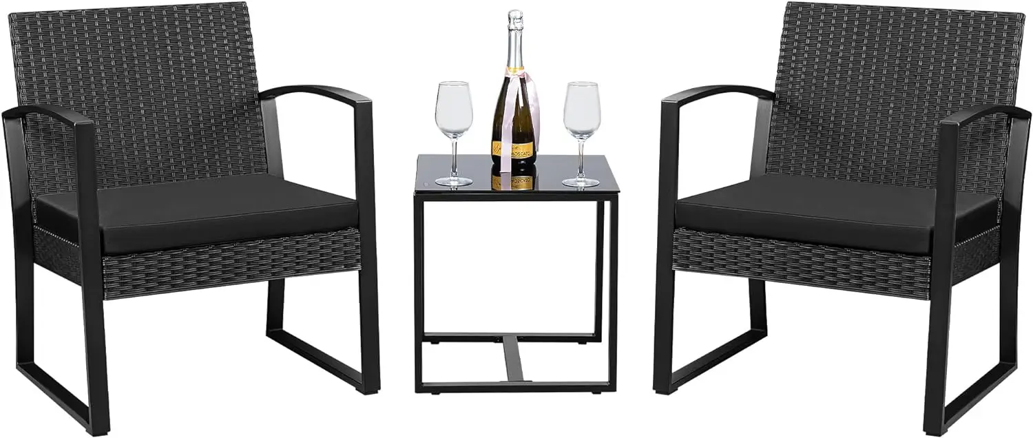 

3 Piece Outdoor Patio Furniture Set for Balcony Porch Bistro, Black