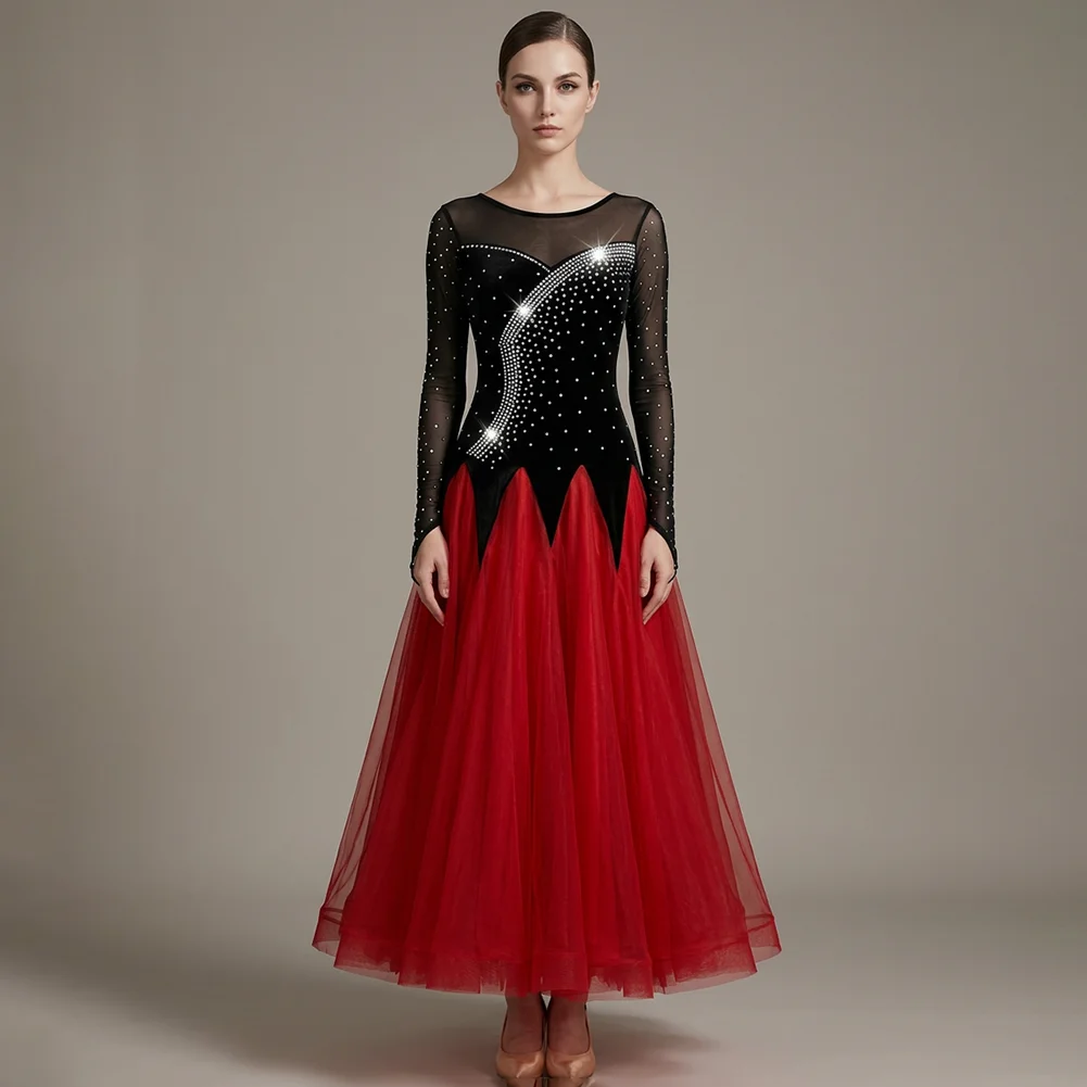 

Fishbone Dress Ballroom Dancing Lady White Ball Standard Round Neck Long Sleeve Competition Waltz Rhinestone Pink Gown