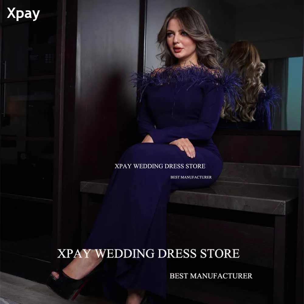 

XPAY Off Shoulder PurPle Mermaid Evening Dresses Saudi Arabic Feathers Prom Gown Soft Satin Modern Special Occasion Party Dress