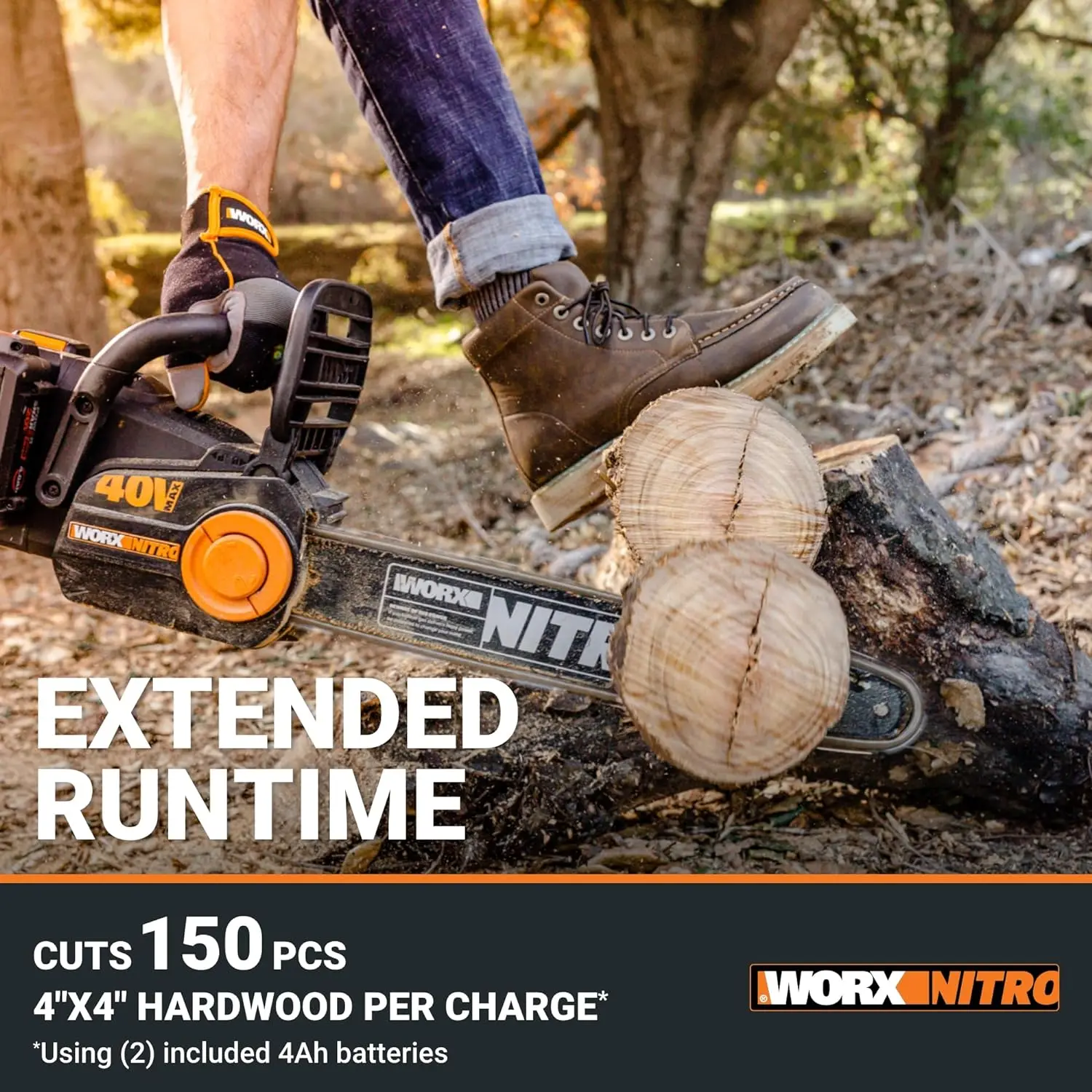 Worx Nitro-Tronçonneuse sans fil à batterie partagée, 40V, 16 ", WG385, 59 pieds/s, JOSpeed, Protection de sécurité pour les touristes, Cha électrique