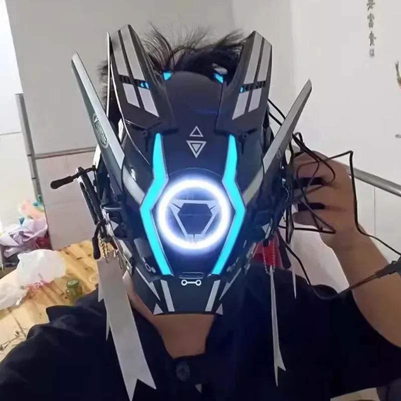 

Cyber Punk Mask Mech Soldier Cos Mask With Led Light Trendy Cosplay Soldier Helmet Halloween Party Carnival Props X-Mas Gift
