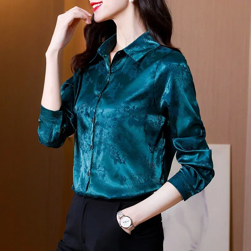 Fashion Silk Women\'s Blouses Shirts Long-sleeved Top Jacquard Satin Woman Shirt Solid Button Print Blouse Elegant Women Clothing