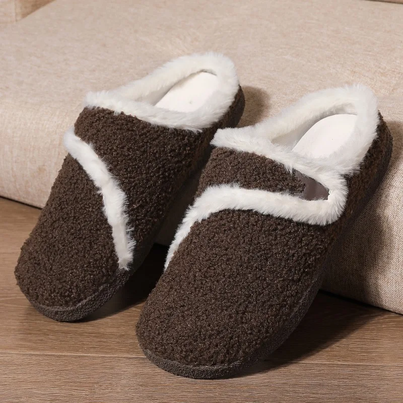 New Men Warm Cotton BareFoot Slippers Winter Home Plush Shoes Couple Thick Sole Warm Fur Slides Outdoor BareFoot Casual Shoes