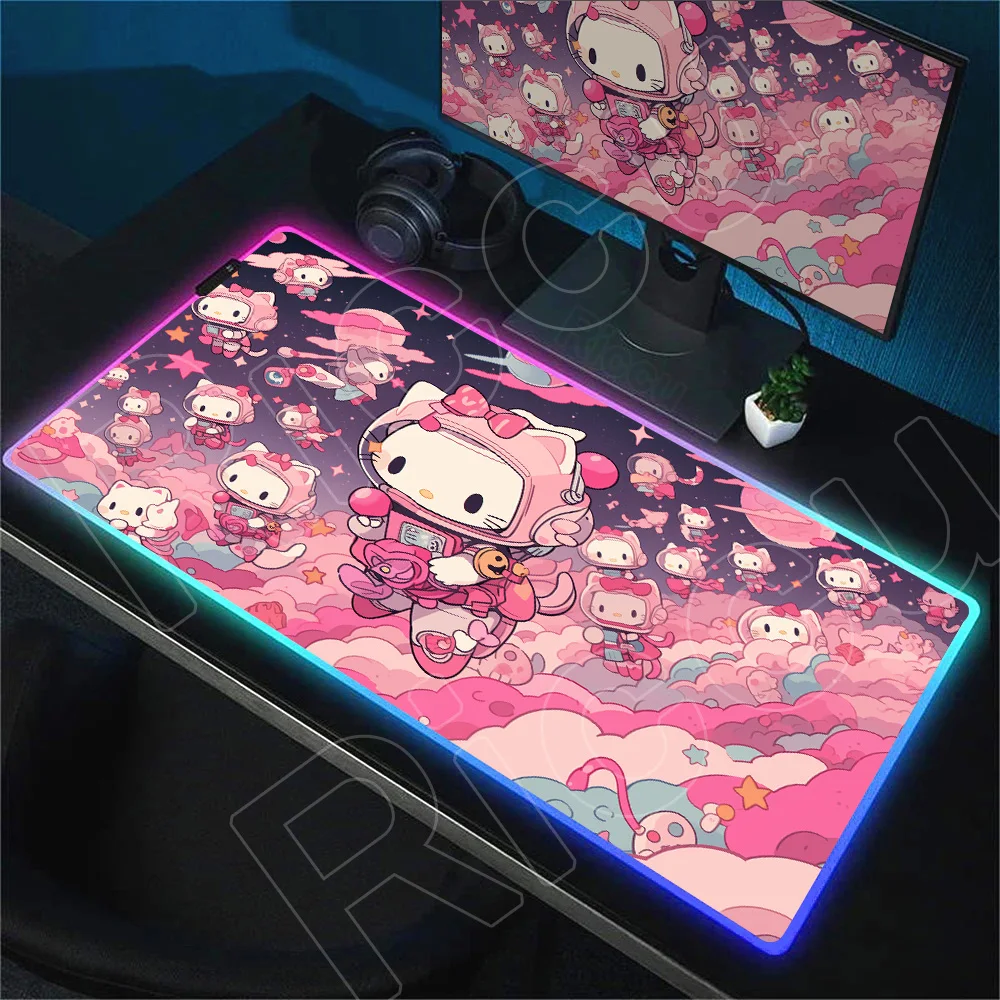 Hello Kitty Large RGB Mousepad 40x90cm Computer Desk Pad Cartoon Cute Luminescence Keyboard Pad Sanrio Kawaii Pink LED Mouse Pad