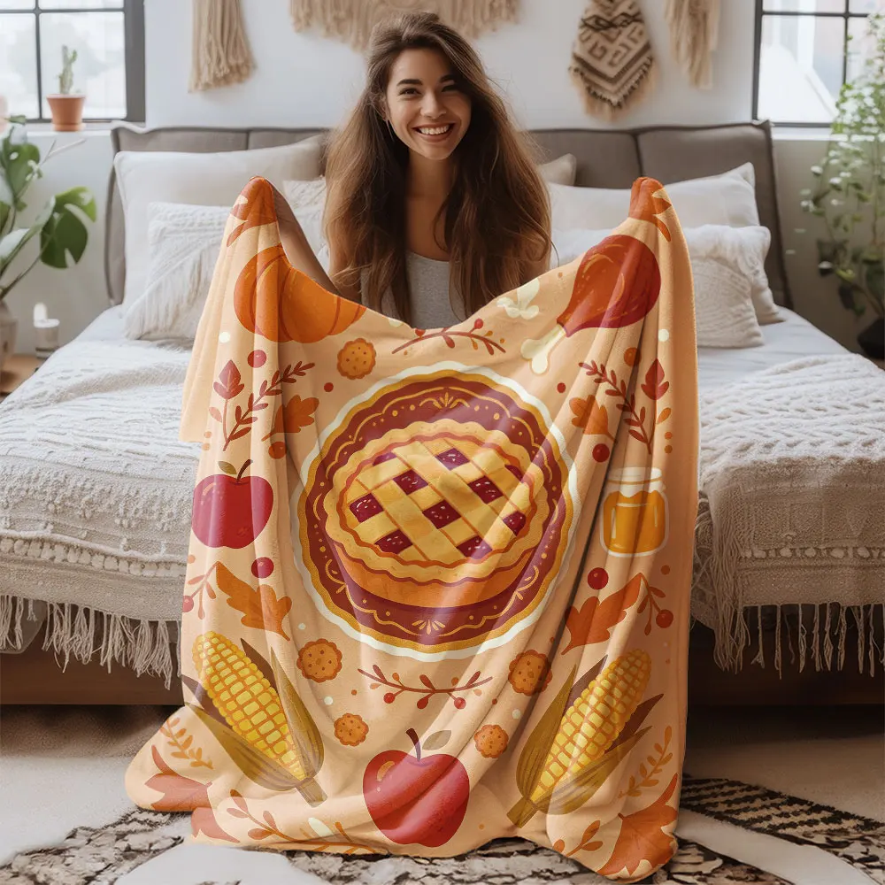 1pc Thanksgiving Food Illustration Flannel Throw Blanket, Soft Cozy Blanket For Sofa Lounging Office Nap Break, Pretty Holida
