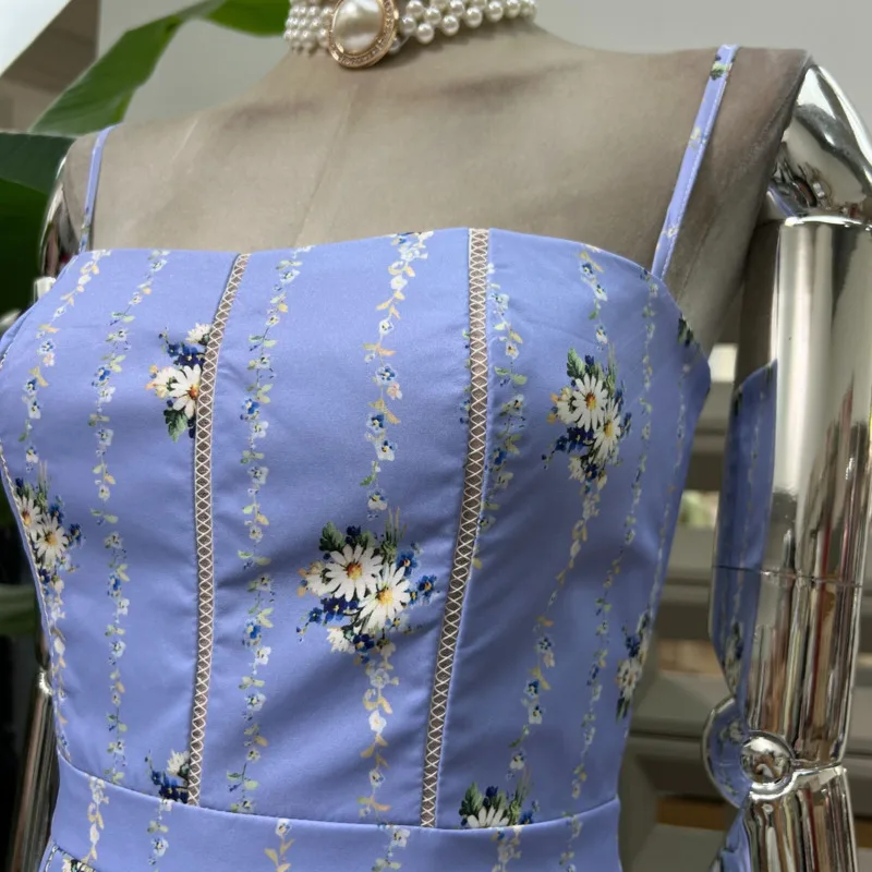 فستان DFDG نسائي طويل بطبعة زهور مكشوف الأكتاف وحزام سباغيتي بدون أكمام وخصر بوهيمي للشاطئ لربيع وصيف 2025 #5