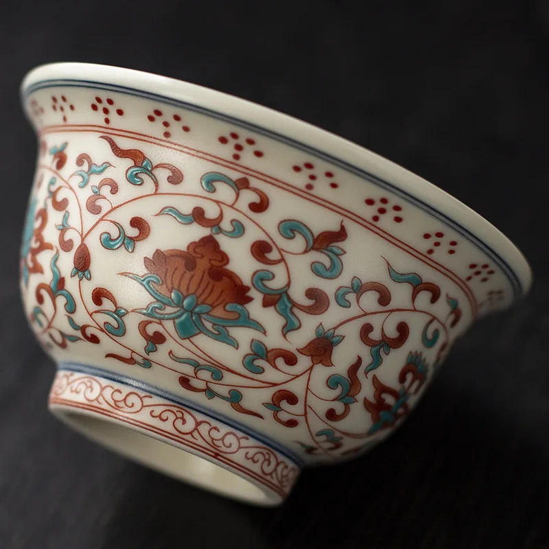 Antique Red Green Porcelain Interlocking Lotus Master Tea Cup Hand Pressure Ceramic Gongfu Tasting Cup Home Gift