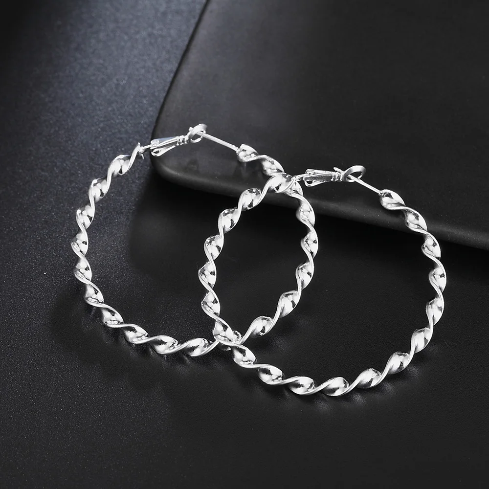 

925 Sterling Silver Round 45MM Twisted Hoop Earrings For Women Wedding Party Luxury Quality Jewelry Accessories