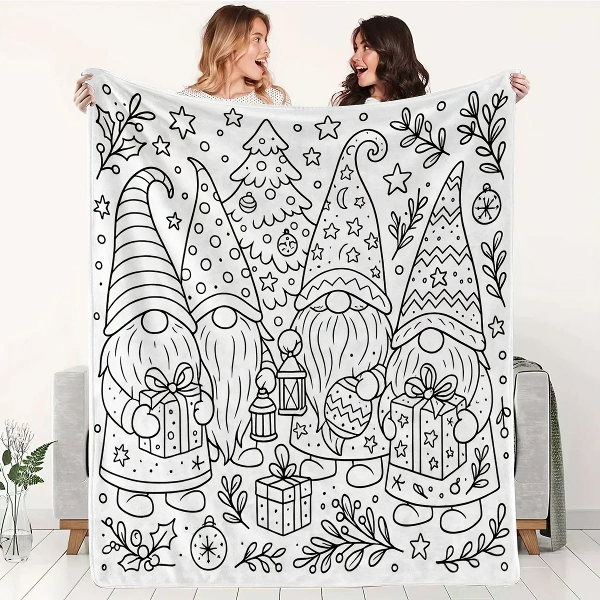 DIY Coloring Christmas Gnome Throw Blanket, Festive Forest Line‑Art, Decor for Indoor Leisure, Sweet Holiday Gift