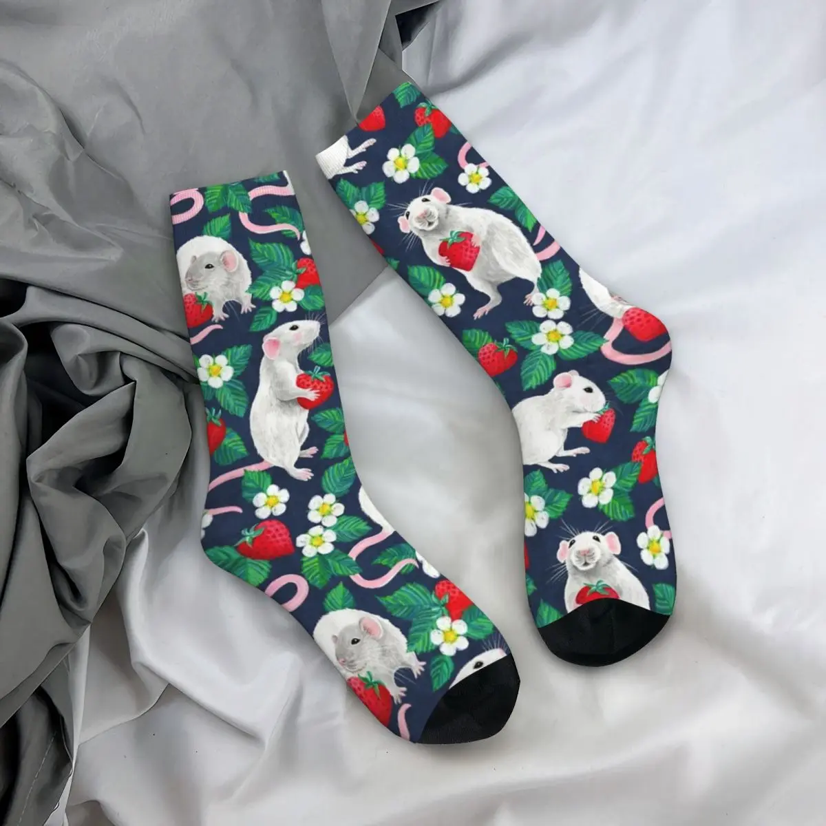 Chaussettes à Compression pour hommes, Hip-Hop Vintage avec des Rats, amour fraises sur bleu marine, chaussettes unisexes à motif de famille de fruits imprimées en équipe