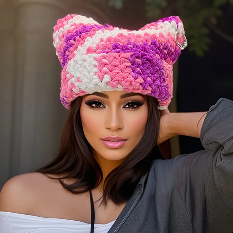 Fashion Adult Women's Temu Xiyin Hot-selling Women's Devil Horn Wool Hat Thick Thread Handmade Textile Needle