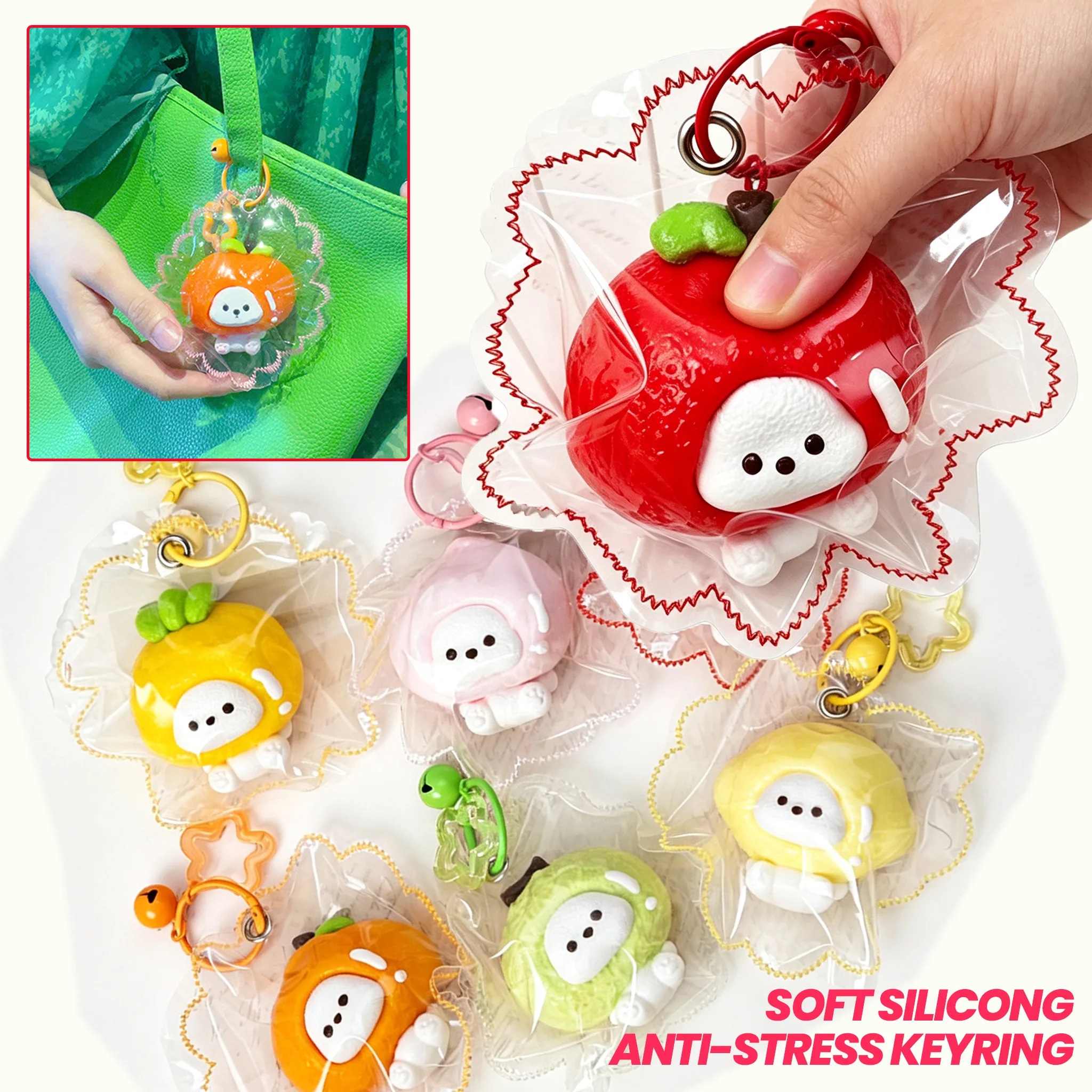 Soft Anti Stress Toy Cute Silicone Fruit Series Food-Grade Keyring Edge-Stitching Style Hand Relaxation Stress Relief Toy