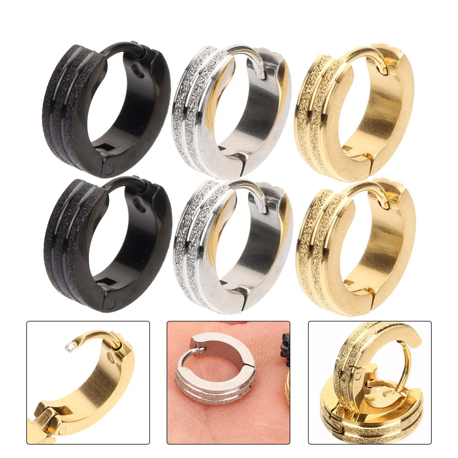 

3 Pairs Frosted Hoop Earrings Stainless Steel Jewelry Comfortable Durable Trendy Accessories Ear Clip Hoops for Women Girls