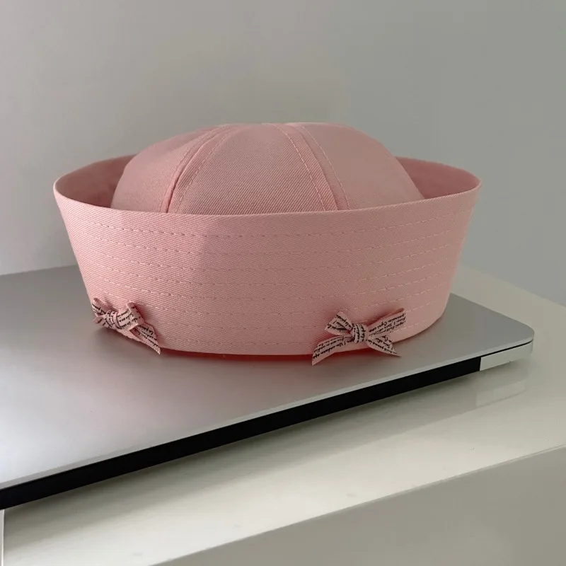 Japanese Cute Letter Bow Turned Brim Sailor Hat Women Sweet Solid Color Spring and Autumn Versatile Uniform Kpop Bucket Hats