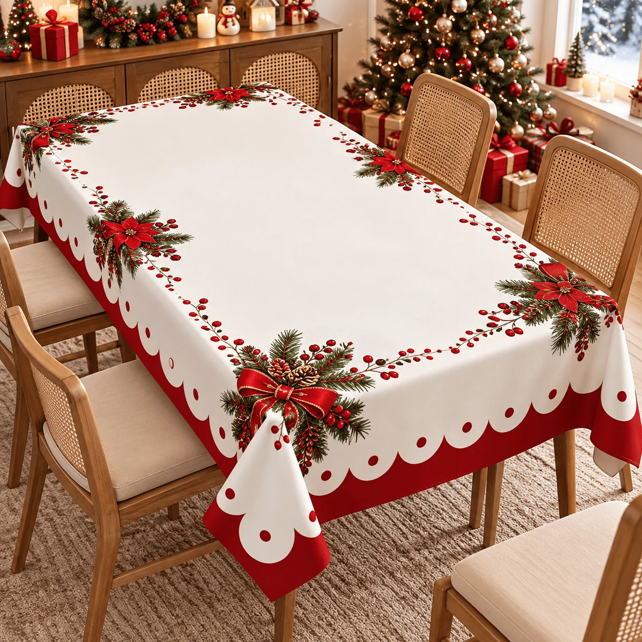 1 square tablecloth, Christmas red and white color scheme printed tablecloth, Christmas flower pine branch cranberry bow pattern