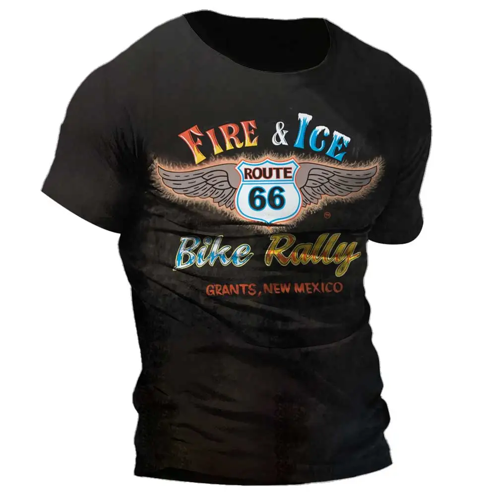 Men's Retro Route 66 Print T-Shirt, European Size Hip Hop T-Shirt, Men's Clothing, Loose Fit T-Shirt, Casual Wear