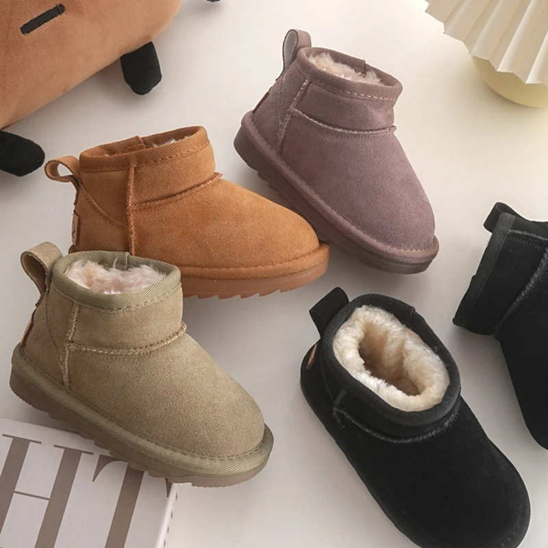 13-22cm Unisex Genuine Leather Snow Boots,Solid Warm Fur Plush Ankle Boots For Children Winter,Teenage Girls Boys Winter Shoes