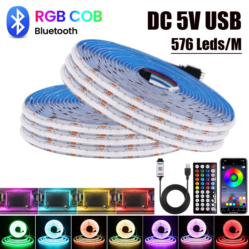 Tira de luces Led COB, cinta Flexible de diodo, CC de 5V, USB, RGB, 576LED/M, Control por aplicación Bluetooth, retroiluminación de TV, decoración del hogar