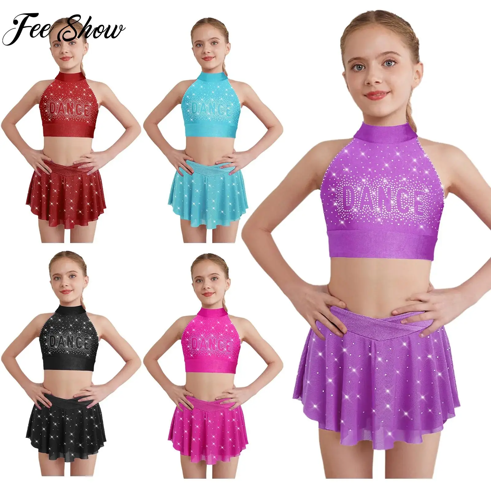 

Kids Girls Cheerleading Dance Outfit Two Pieces Rhinestones Gymnastic Dancewear Sets Sleeveless Tops+Skirts Childs Party Costume