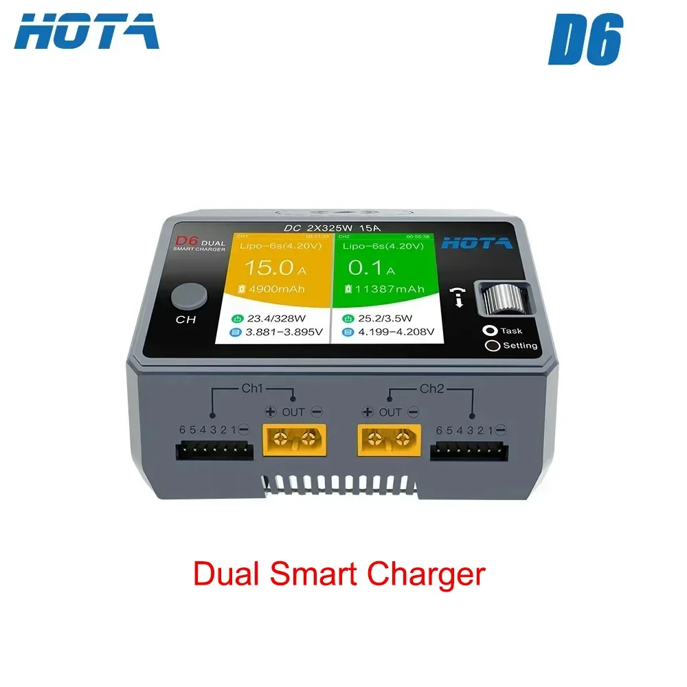 HOTA D6 Dual Smart Charger DC 2×325W 15A Independent Channel Lipo Battery Balance Charger For FPV RC Drone Car Boat Model