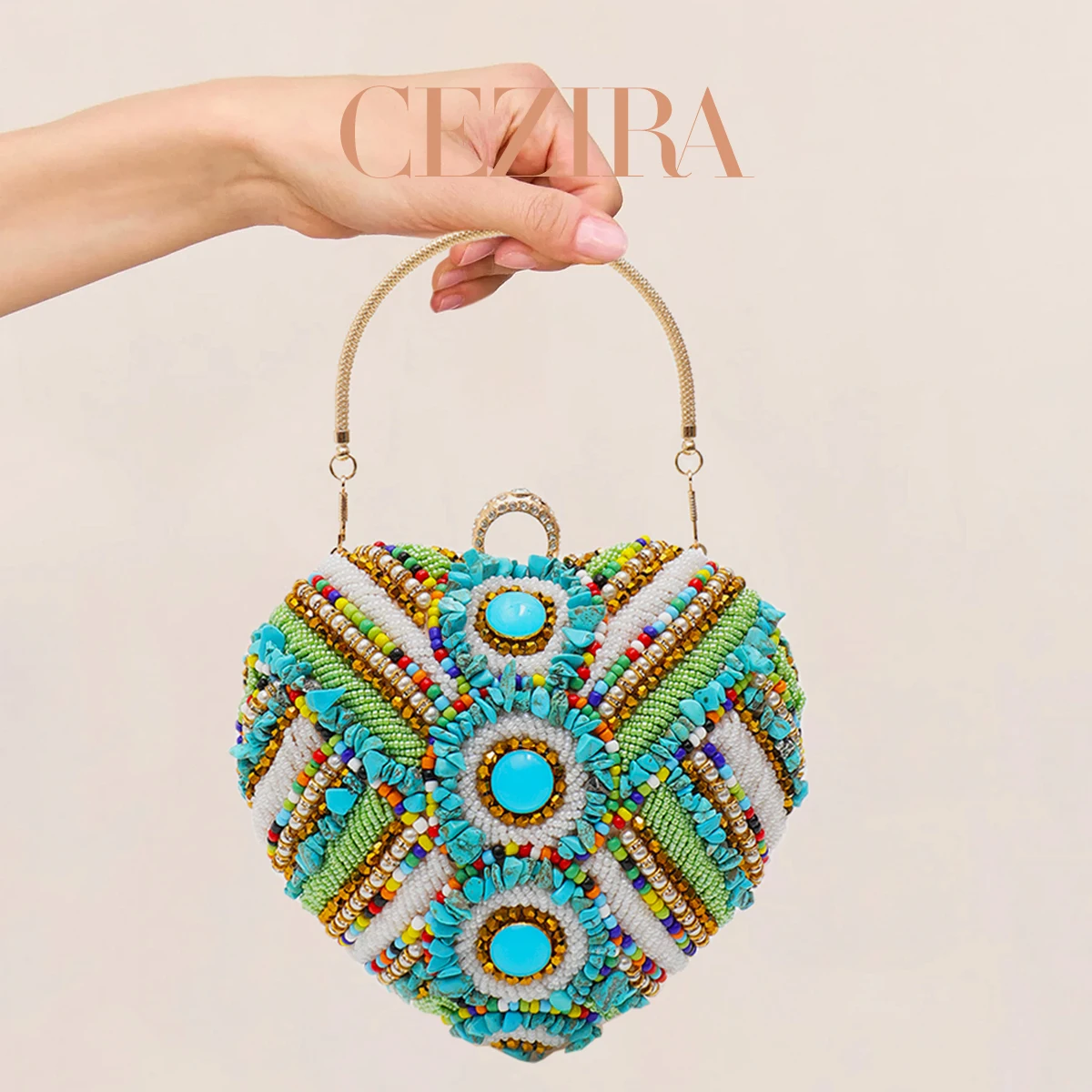 CR Women's Glamorous Luxury Colorful Beads Pearls Heart Shape Evening Bag Top-handle Handbag Long Chain Purse For Party Wedding