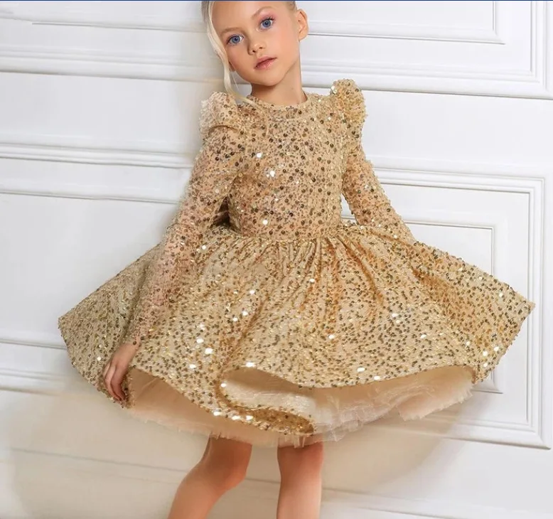 

High-End Baby Girl Princess Sequins Dress Customization Infant Toddler Child Bow Vestido Party Birthday Baby Clothes 1-12Y