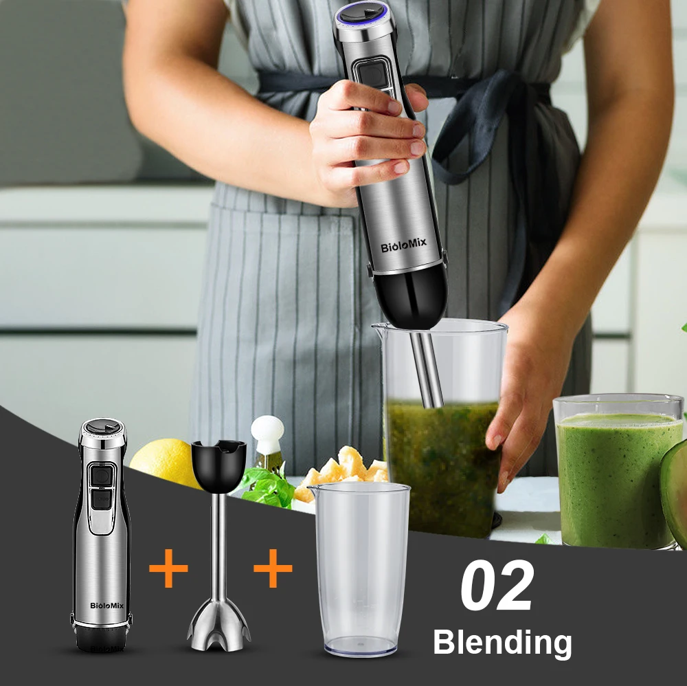 4 in 1 High Power 1200W Immersion Hand Stick Blender Mixer Includes Chopper and Smoothie Cup Stainless Steel Ice Blades,BioloMix