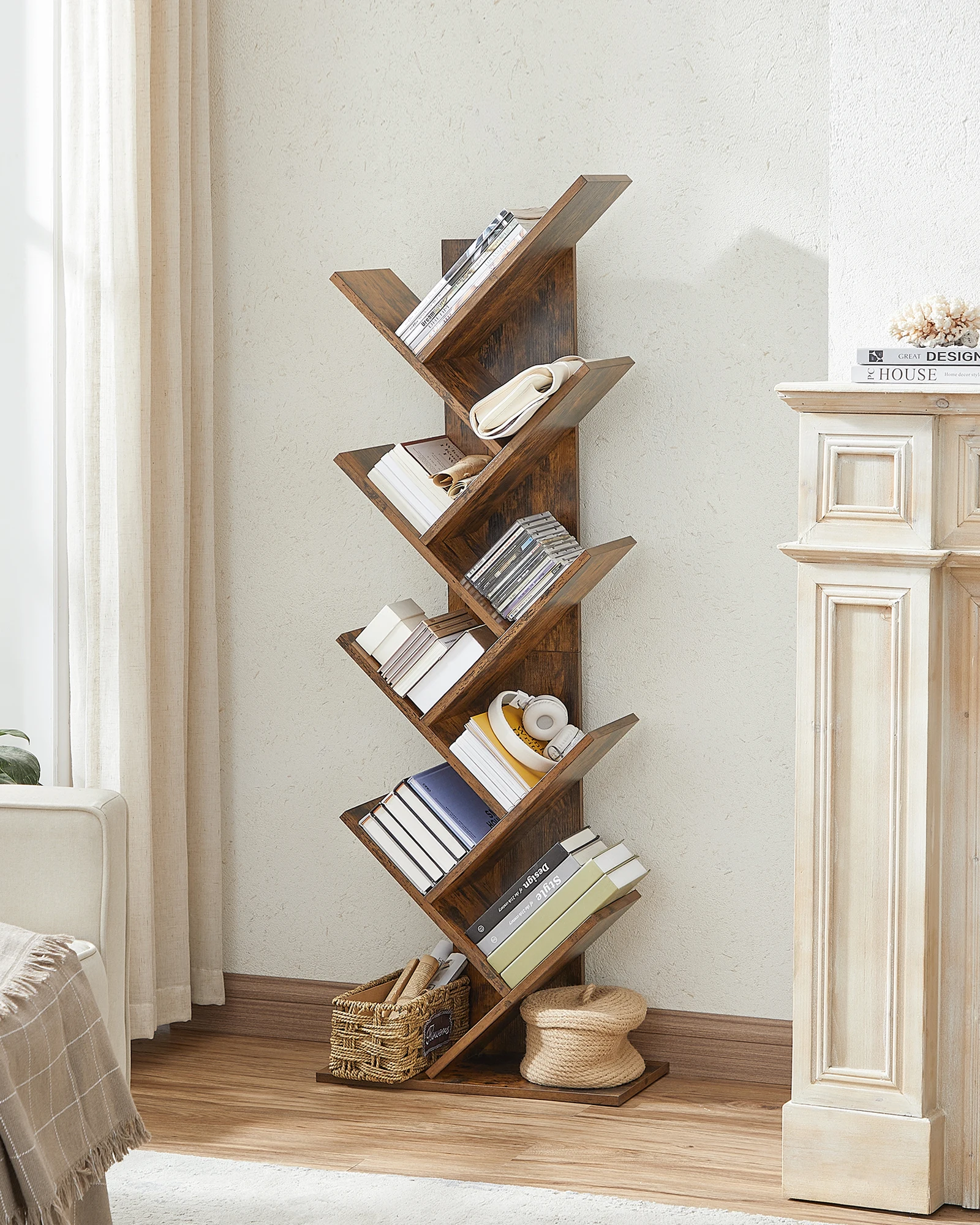 VASAGLE Tree Bookshelf, 9-Tier Floor Standing Bookcase, Space-Saving Corner Shelf, with Wooden Shelves for Bedroom