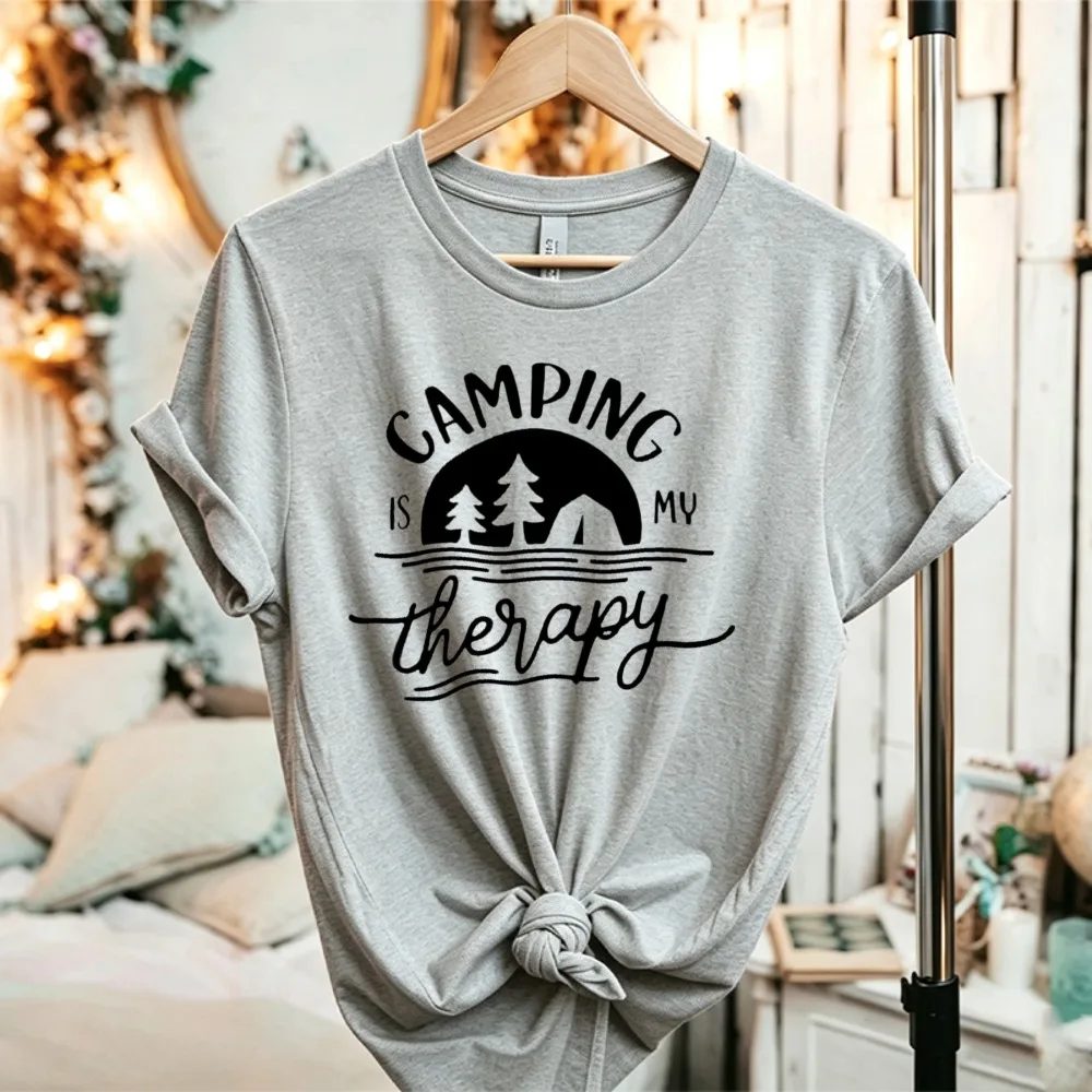 Camping Is My Therapy Graphic T-Shirt Camping Tent Pine Tree Retro Print Unisex Casual Cotton Outdoor Nature Camper Hobby Gift