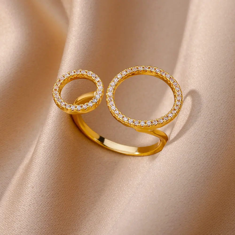 Stainless Steel Zircon Double Round Rings For Women Open Gold Color Finger Ring Simple Fashion Korean Jewelry Wedding Gift