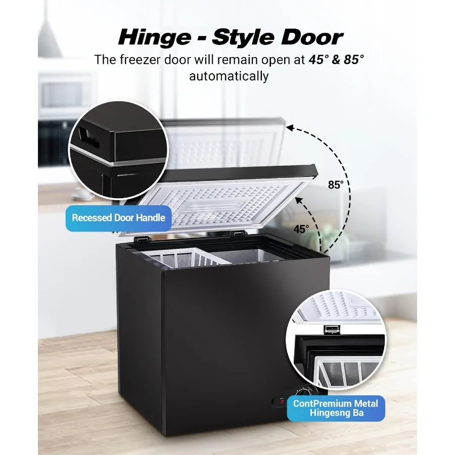 فريزر عميق مدمج 5.0 قدم مكعب مع سلة تخزين قابلة للإزالة و7 مستويات لدرجة الحرارة ترموستات فريزر صغير أسود مفتوح