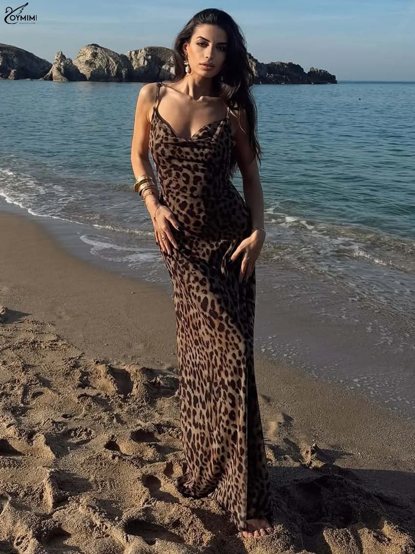 

Oymimi Fashion Brown Leopard Print Women's Dress Casual Spaghetti Strap Slim Zipper Dresses Autumn Straight Floor-Length Dresses