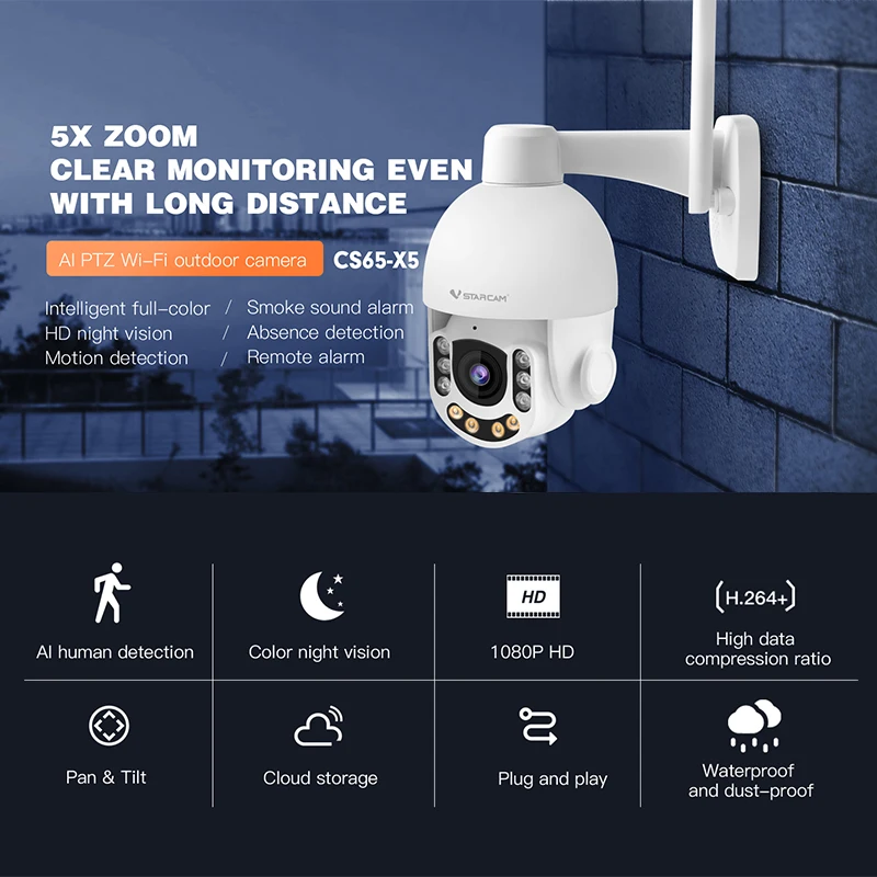 

VStarcam CS65-X5 3MP 5X Real Zoom Wireless WiFi Outdoor HD IP AI Security Camera Optical Zoom Wireless Dome PTZ Waterproof IP66