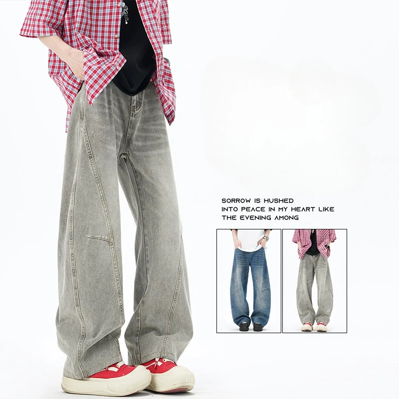 

Men Jeans Streetwear Vintage Y2K Cargo Trousers Harajuku Parachute Wide Leg American Retro Denim Pants Men Clothing Ripped Jeans