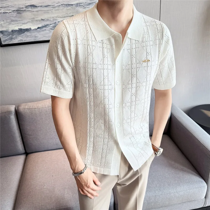2026 Hollow Out Breathable Knitted Short Sleeved T-shirt Men's Lapel Jacquard Cardigan Casual Business Social Streetwear Tshirts