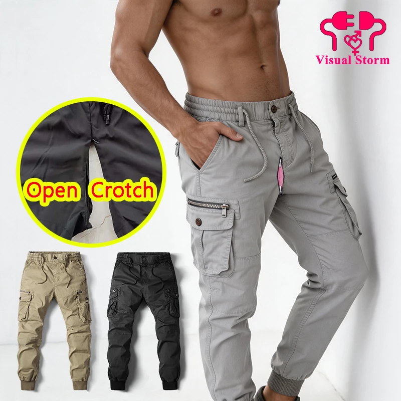 

Men Open Crotch Cargo Jogger Pants Hidden Zipper Multi Color Crotchless Long Trousers Cotton Elastic Cuffed Work Trousers Couple